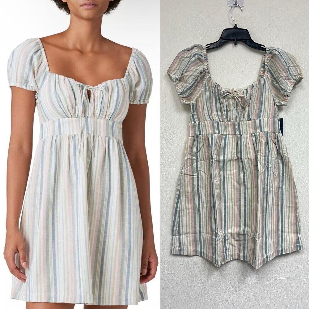 Lucky Brand Linen Blend Babydoll Mini Dress Women's XL Multicolor Puff Sleeve